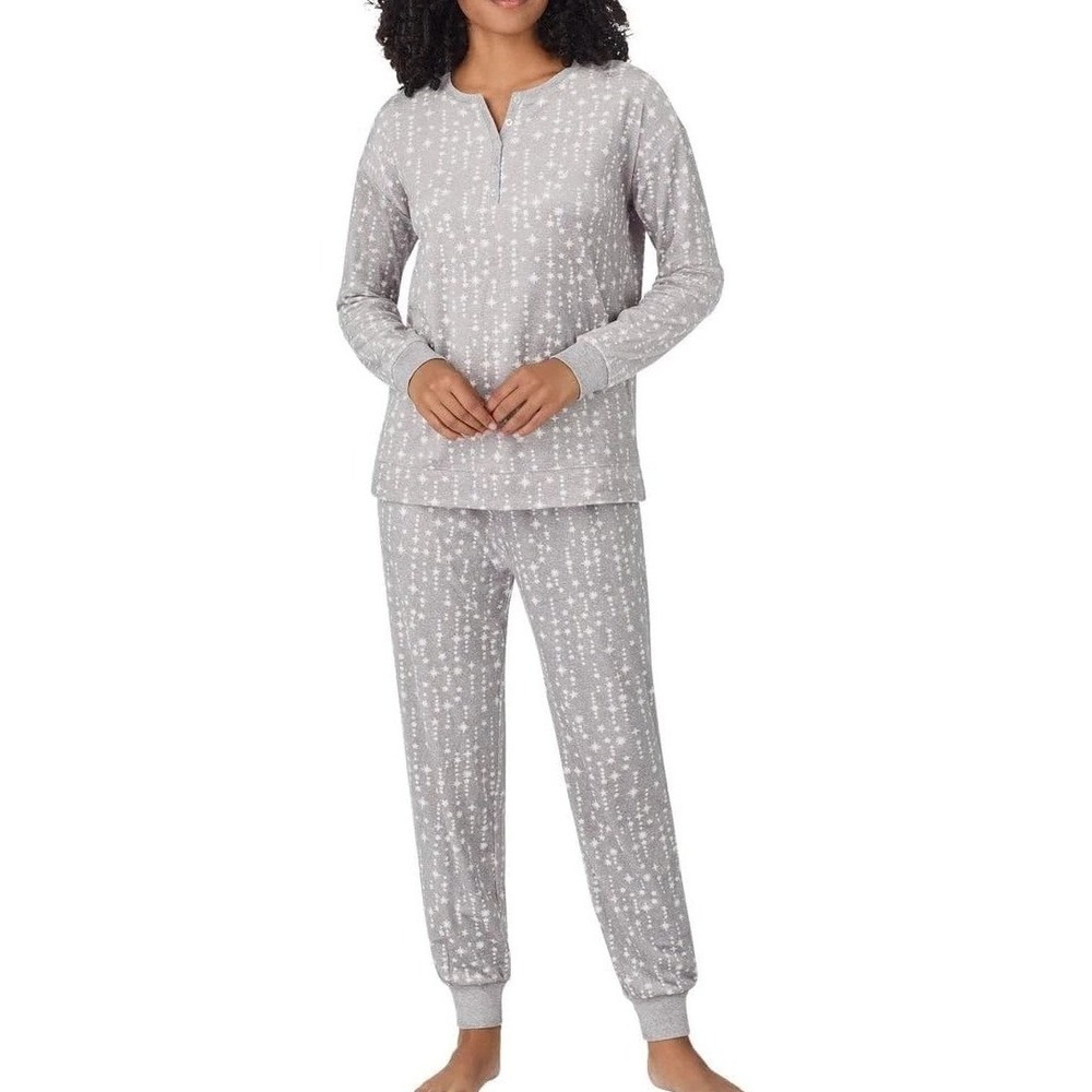 Nautica Womens Gray Star Print Fleece Pajama Set Henley Top Jogger Pants Medium